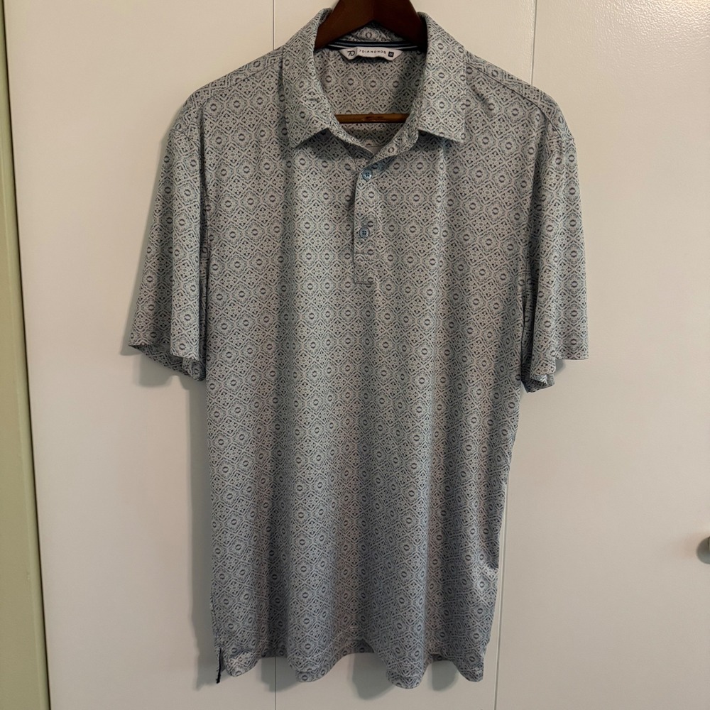 7 Diamonds Mens Polo Shirt Medium Blue White Geometric Diamond Print Golf Top